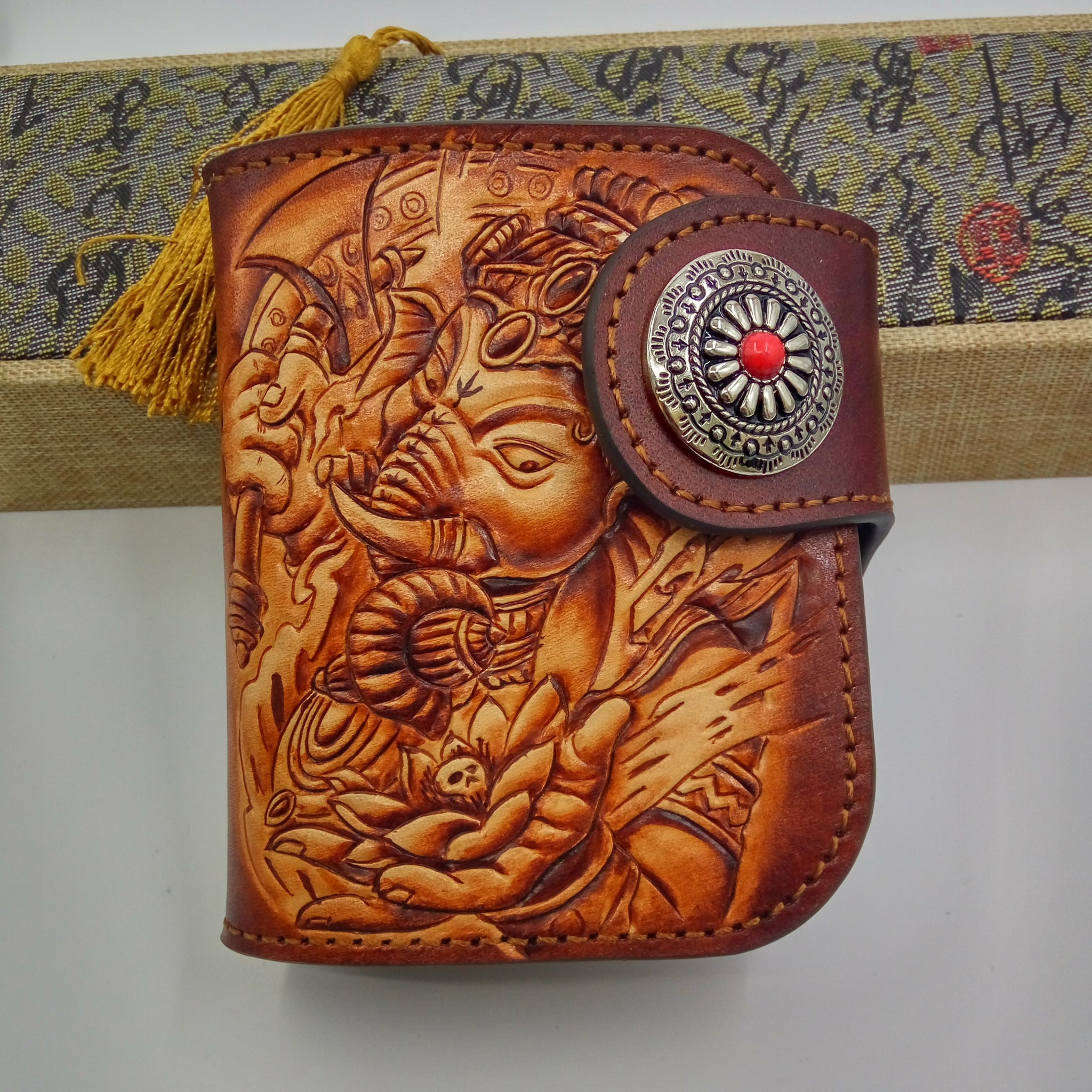 Handmade Leather Tooled Ganesha Mens Chain Biker Wallet Cool Leather W