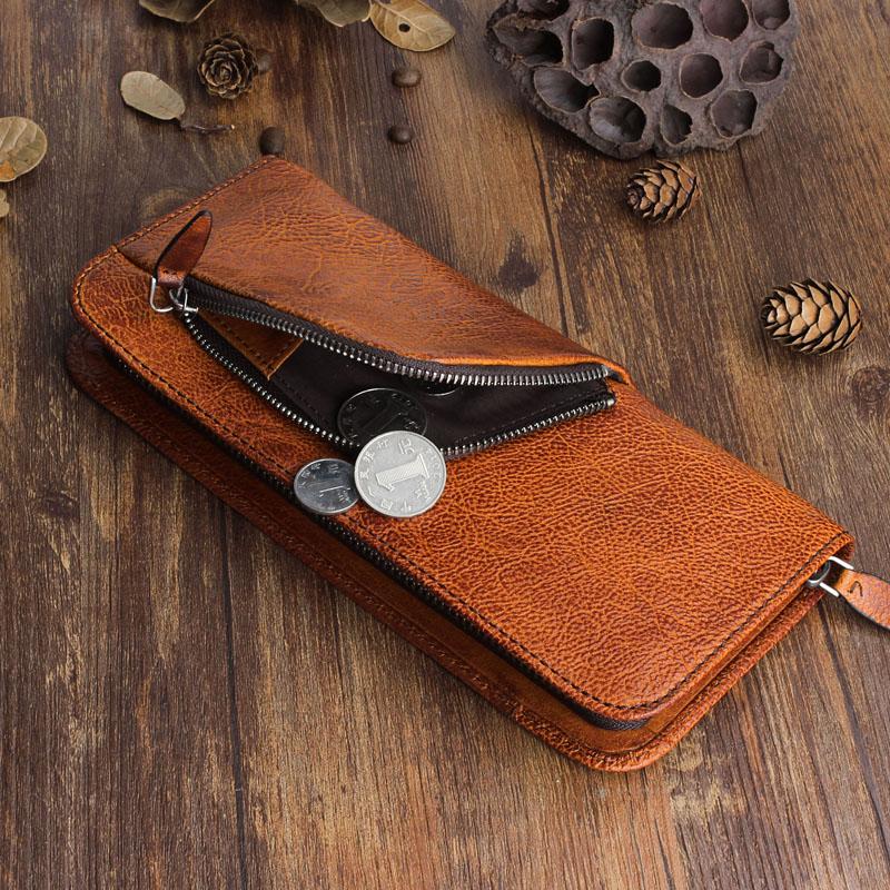 Handmade Leather Mens Cool Long Leather Wallet Zipper Phone Clutch Wal