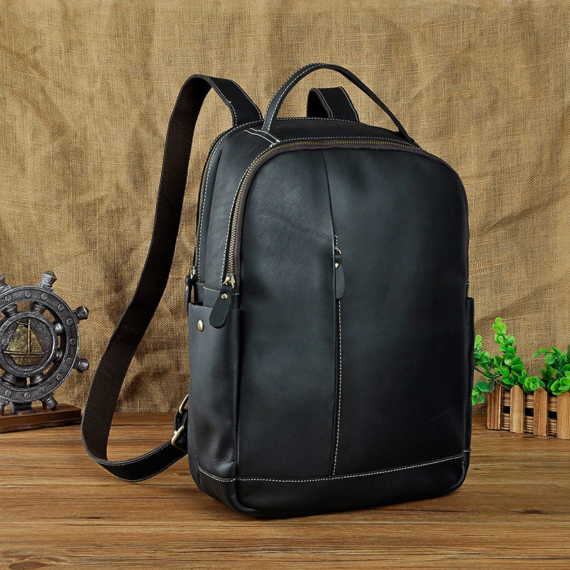 Genuine Leather Mens Cool Black Backpack for School Travel Bag Hiking