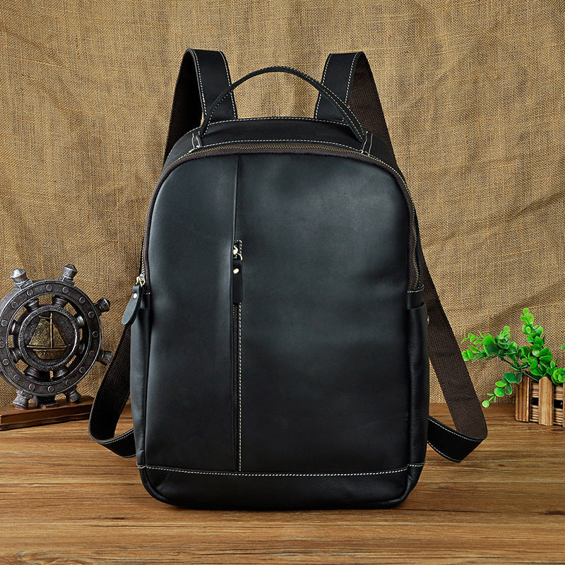 Genuine Leather Mens Cool Black Backpack for School Travel Bag Hiking