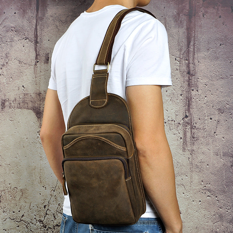 Cool Leather Mens Sling Bag Sling Crossbody Backpack Chest Bag For Men 