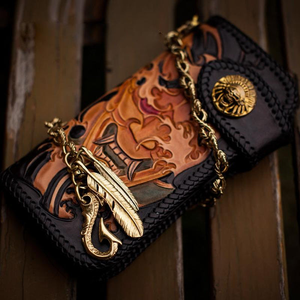 Handmade Leather Tooled Prajna Mens Chain Biker Wallet Cool Leather Lo