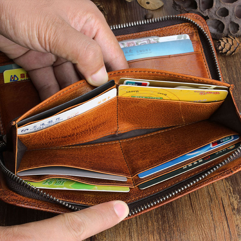 Cool leather mens long wallet vintage zipper long wallet clutch wallet