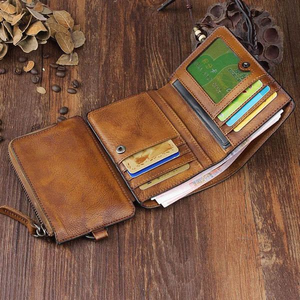 Handmade Leather Mens Chain Biker Wallet Cool Leather Wallet Trifold b