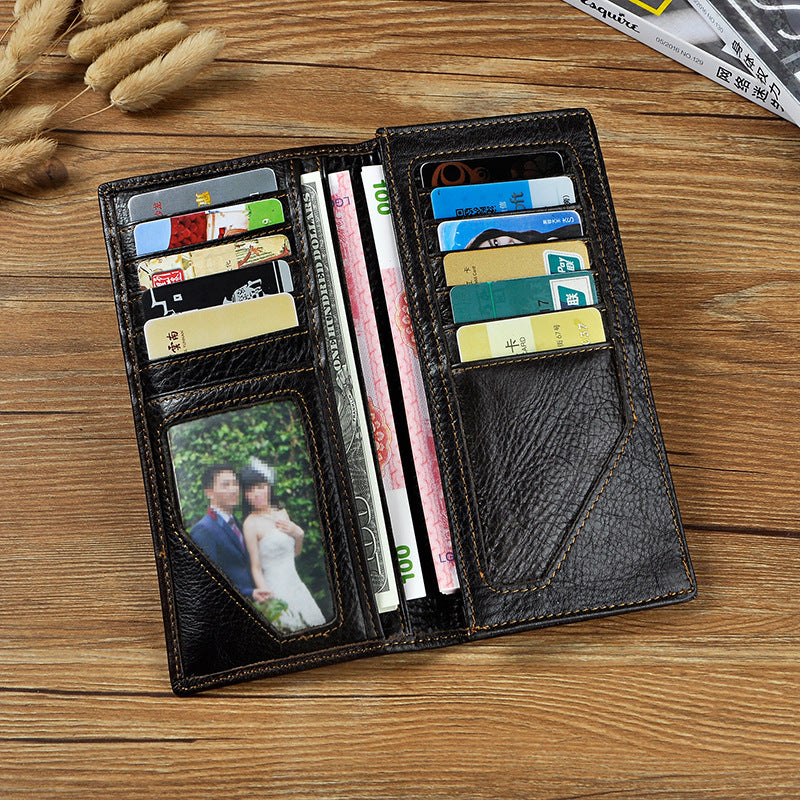 Genuine Leather Mens Bifold Wallet Coffee Long Wallet for Men with Mul