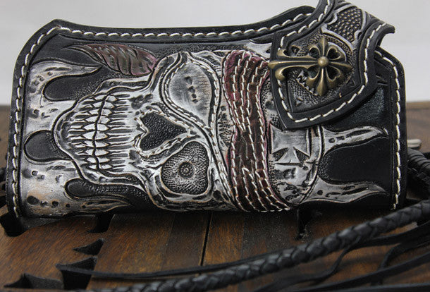 Handmade black leather punk vintage skull carved biker wallet Long wal