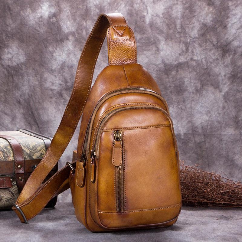 Vintage Brown Mens Leather Sling Bag Chest Bags Purses One Shoulder Ba