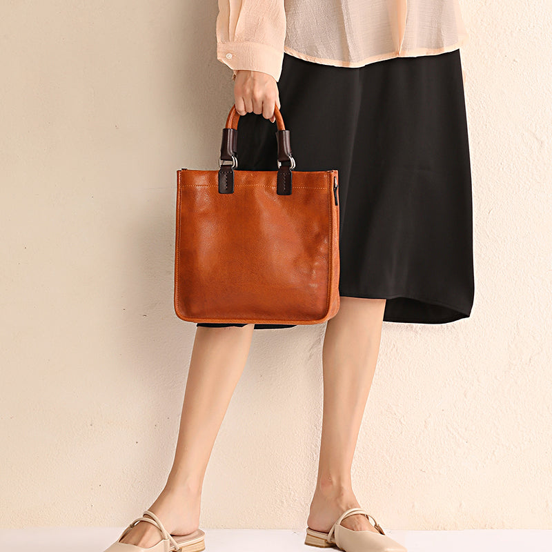 Vintage Brown Leather Handbag Tote Black Shopper Bag Shoulder Tote Pur