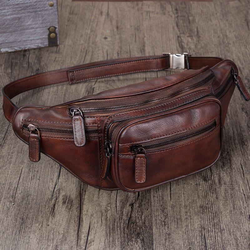 Vintage Black Leather Mens Fanny Pack Hip Belt Bags Waist Bag Hip Bag