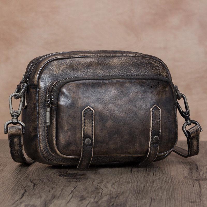 Brown Vintage Mens Leather Small Messenger Bag Side Bag Postman Bag Co