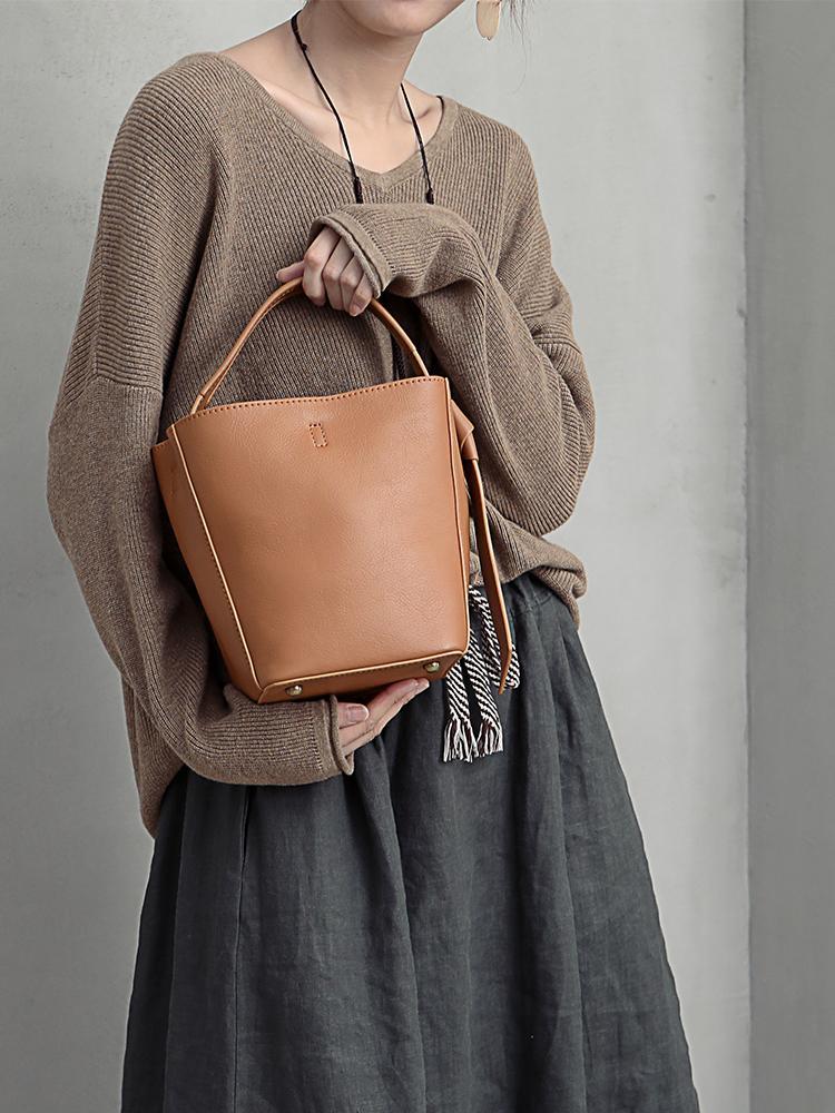 Brown Leather Bucket Shoulder Bag Bucket Handbag White Cross Body Barr