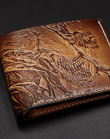 HANDMADE ALIEN TOOLED CARVED LEATHER CUSTOM billfold WALLET FOR MEN GAMERS FAN