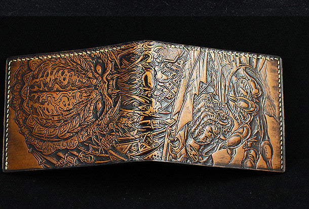 Handmade leather wallet Predator carved leather custom short wallet fo | EverHandmade