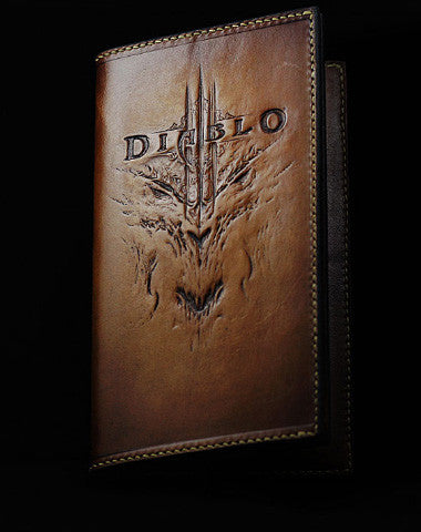 HANDMADE LEATHER MEN WALLET DIABLO3 CARVED LEATHER CUSTOM LONG WALLET W/CARD HOLDERS FOR MEN