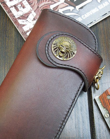 HANDMADE BIKER WALLET RED BROWN NATURAL LEATHER BIKER WALLET CHAIN BIFOLD LONG WALLET FOR MEN