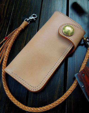 HANDMADE BIKER WALLET CHAIN BEIGE LEATHER BIFOLD BIKER WALLET LONG WALLET PURSE FOR MEN