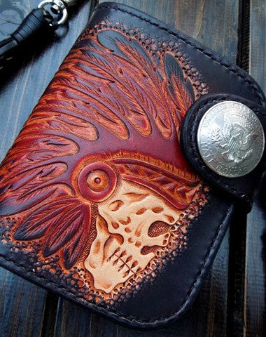 HANDMADE BIKER WALLET LEATHER CARVED BLACK SKULL SHORT BIKER WALLET BIFOLD PURSE FOR MEN