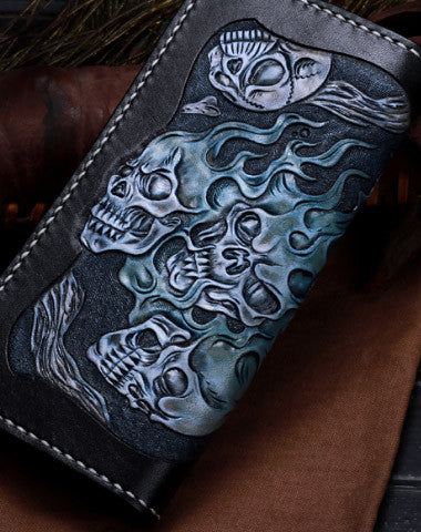 HANDMADE LEATHER SKULL LONG BIKER TRUCKER WALLET LEATHER CHAIN MEN BLACK TOOLED WALLET