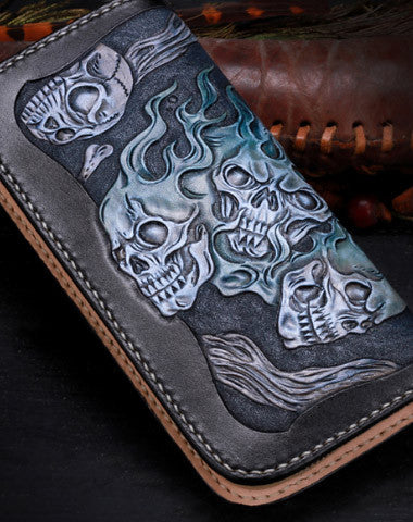 HANDMADE LEATHER LONG BLACK SKULL WALLET LEATHER ZIP MEN CLUTCH TOOLED WALLET