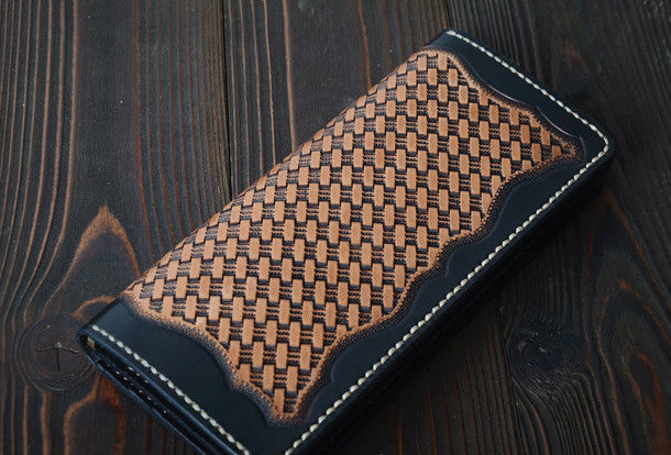 Handmade vintage black brown floral leather long wallet purse clutch f