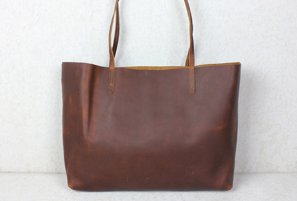 Handmade red brown leather tote bag vintage shoulder bag shopper bag w