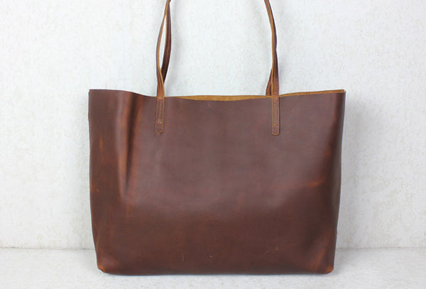 Handmade red brown leather tote bag vintage shoulder bag shopper bag w ...