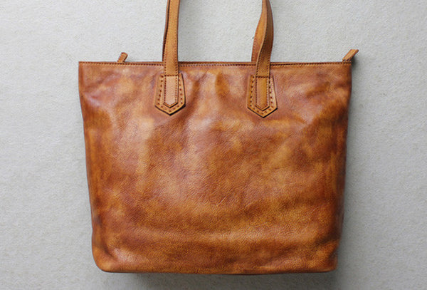 Handmade brown leather tote bag vintage shoulder bag shopper bag women
