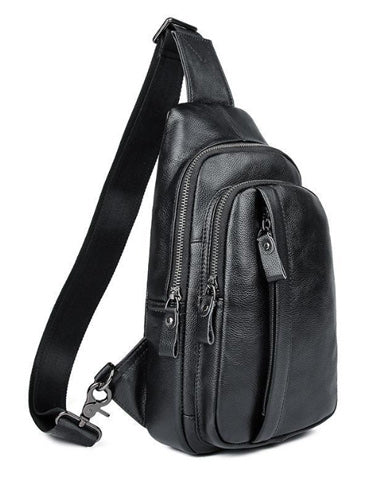 Badass Black Leather Backpack Men's 8-inch Sling Bag Chest Bag One sho