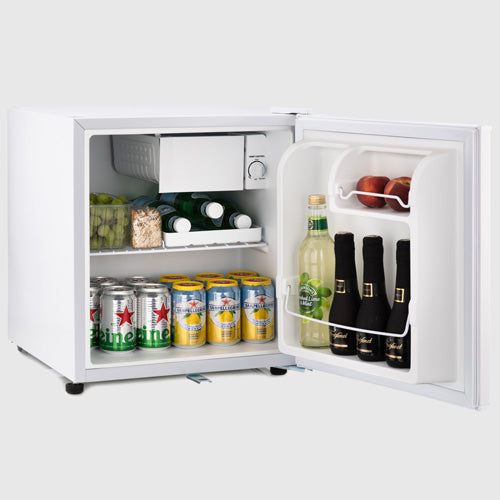 Table top white mini fridge with flexible storage