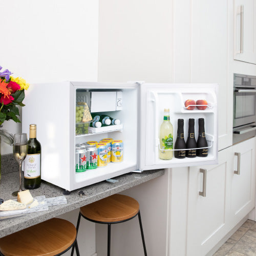 Space saving table top white mini fridge