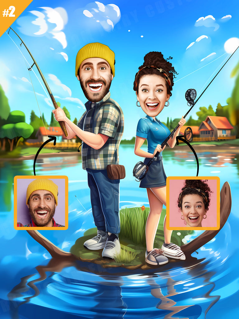 Personalized Cartoon Fishing on a Boat Canvas – Custom Fairy