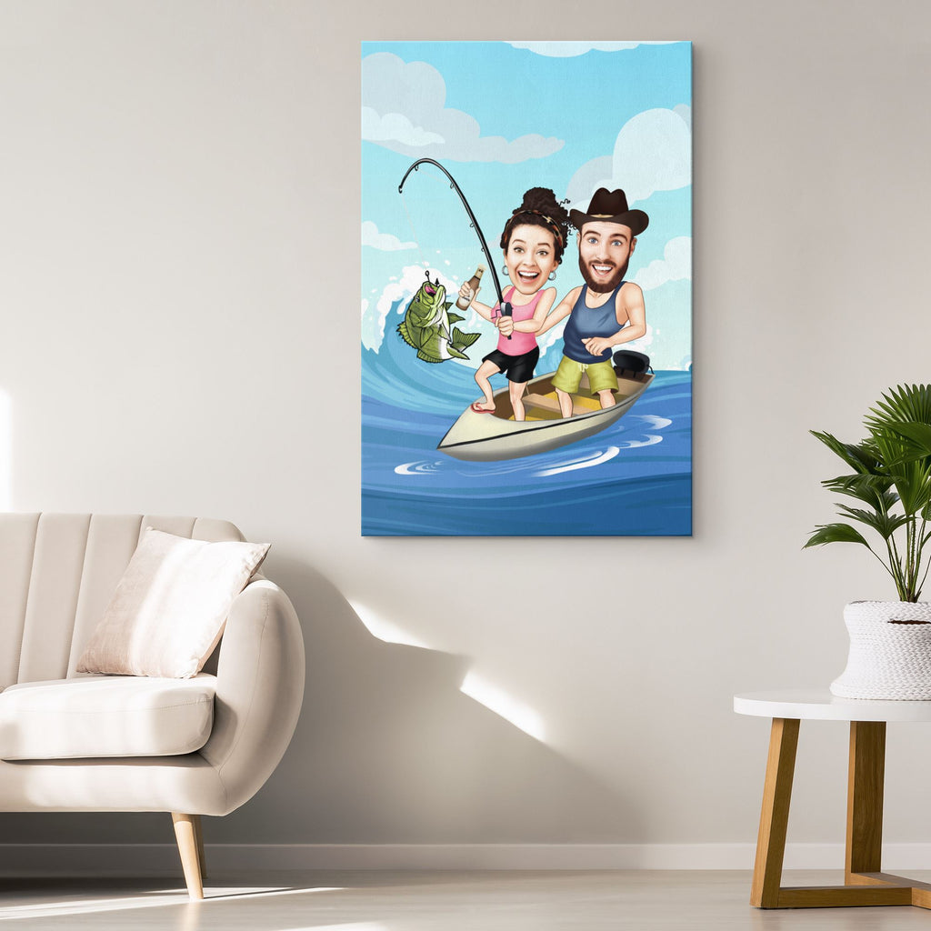 Personalized Cartoon Fishing on a Boat Canvas – Custom Fairy