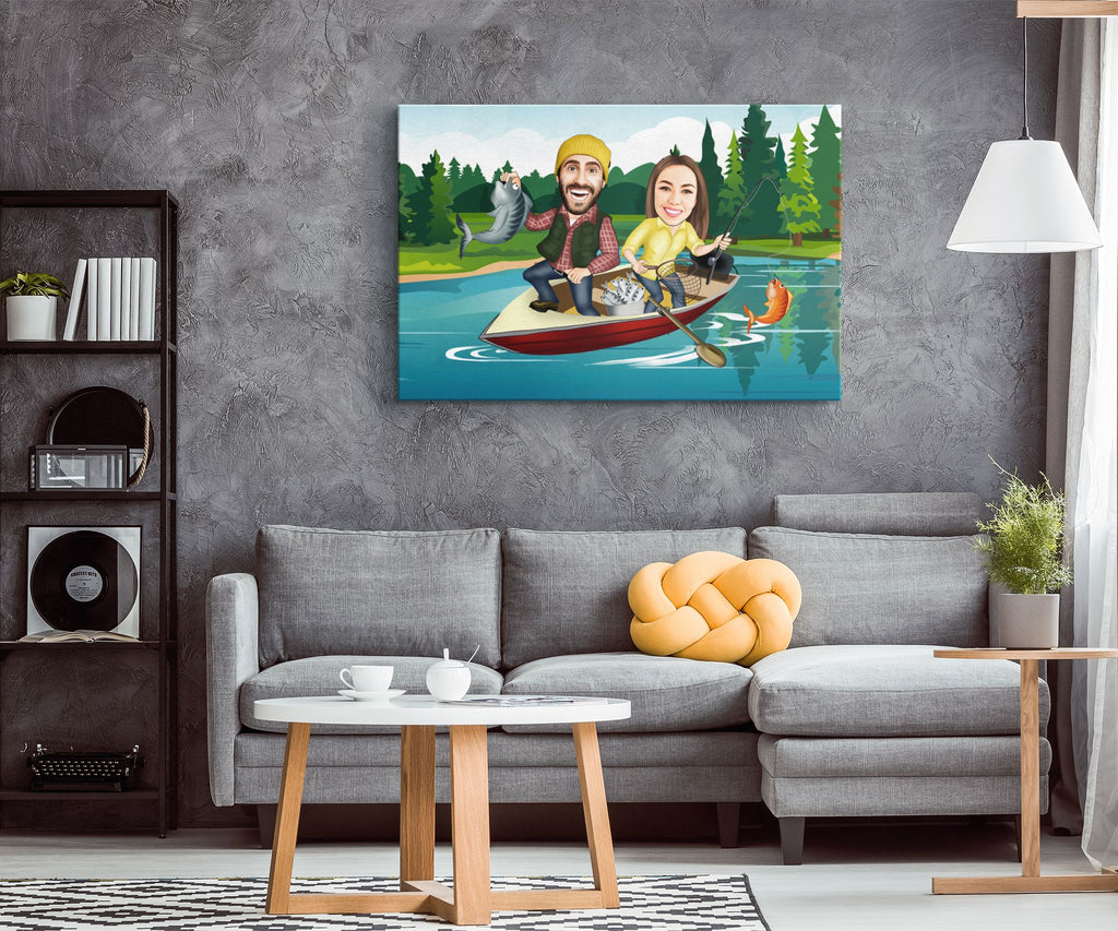 Personalized Cartoon Fishing on a Boat Canvas – Custom Fairy