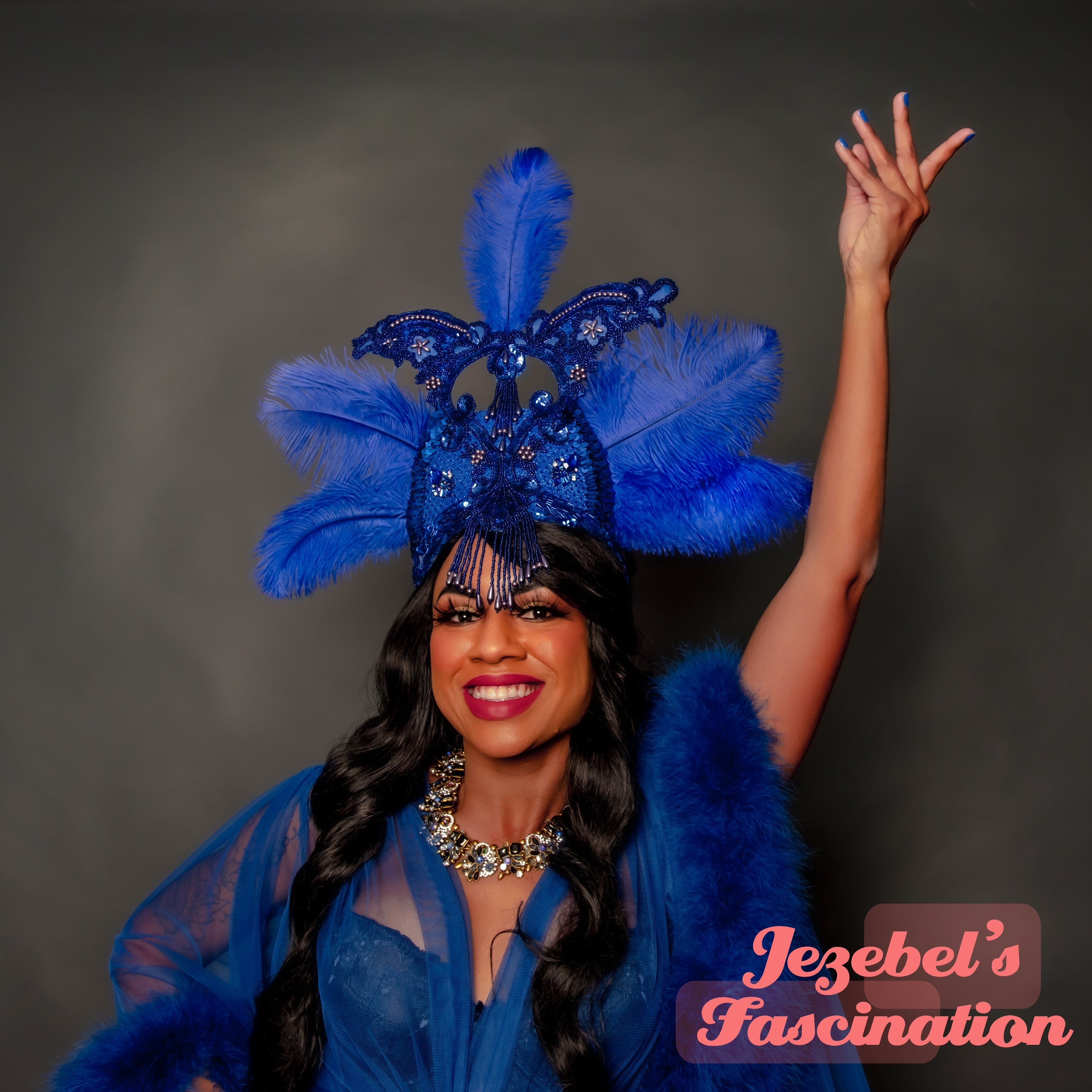 Royal Blue Majestic Beaded Show Girl Burlesque Feather Goddess Headdress Crown Festival Carnival Mardi Gras Carnevale Rave Cobalt Dance Costume Drag Queen Headpiece Circus Headwear New Orleans Empress Glam Art Nouveau Romantic Theatrical Cirque Vaudeville