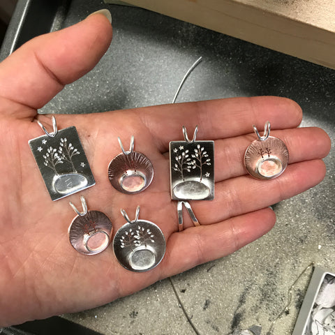 Recycled sterling silver and local copper pendants with trees by Beth Millner Jewelry