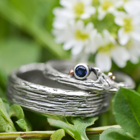 Recycled sterling silver sapphire engagement and wedding ring by Beth Millner Jewelry