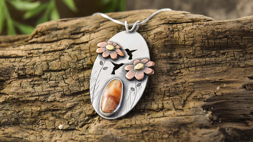 Marquette Lake Superior Agate Wonderland Pendant with Wildflowers and Hummingbirds handmade by Beth Millner Jewelry