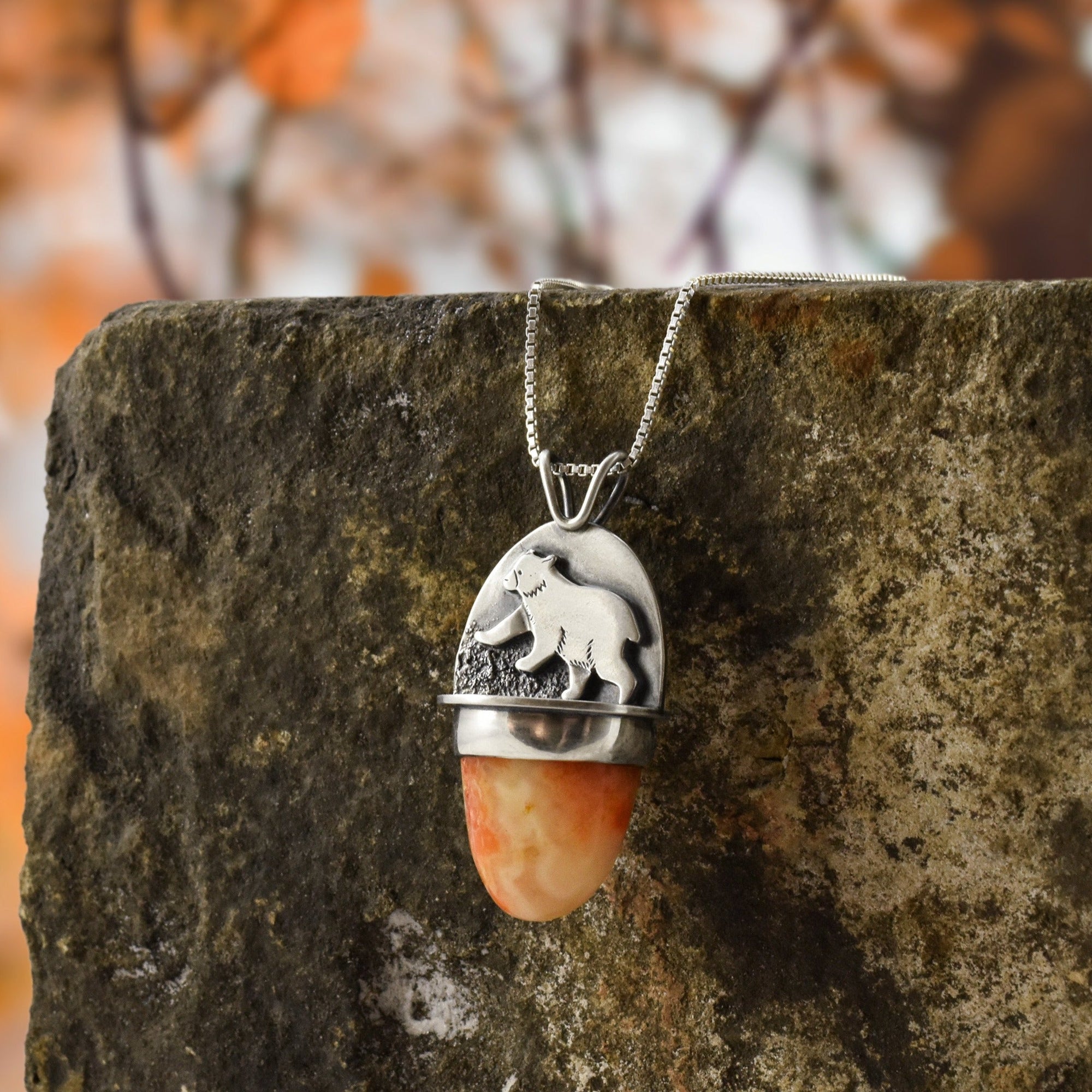 Bear Wonderland Pendant with Marquette Lake Superior Agate no.2, Silver Pendant handmade by Beth Millner Jewelry
