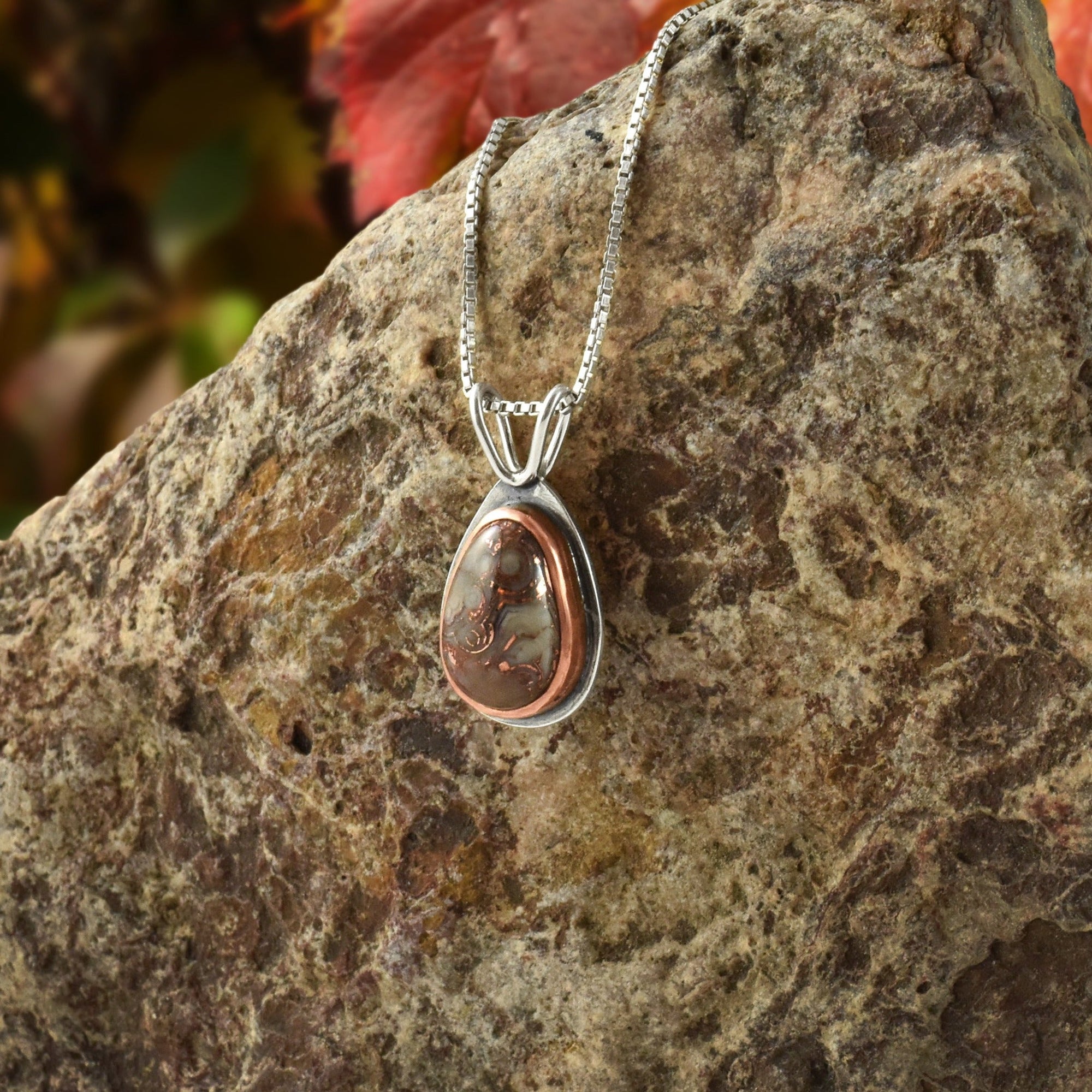 Copper Set Lake Superior Copper Agate Drop Pendant No. 4, Mixed Metal Pendant handmade by Beth Millner Jewelry