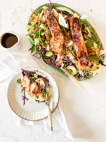 crunchy noodle salad with miso salmon 