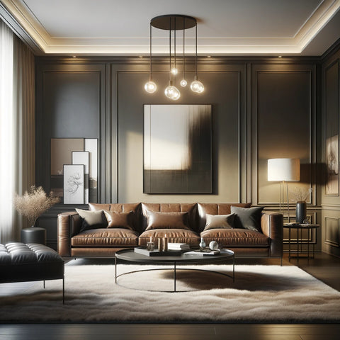 A chic, elegant living room with a sleek leather sofa
