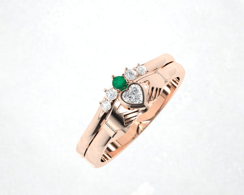 rose gold claddagh ring with matching diamond and emerald band