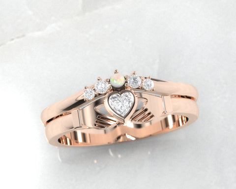 rose gold claddagh ring with matching diamond and opal band