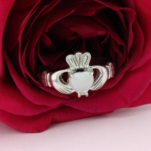 opal claddagh ring photographed in a rose. 