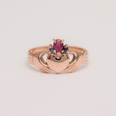 rose gold claddagh ring with ruby crown 