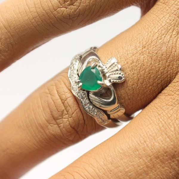 Agate gemstone claddagh ring and matching stone set band.