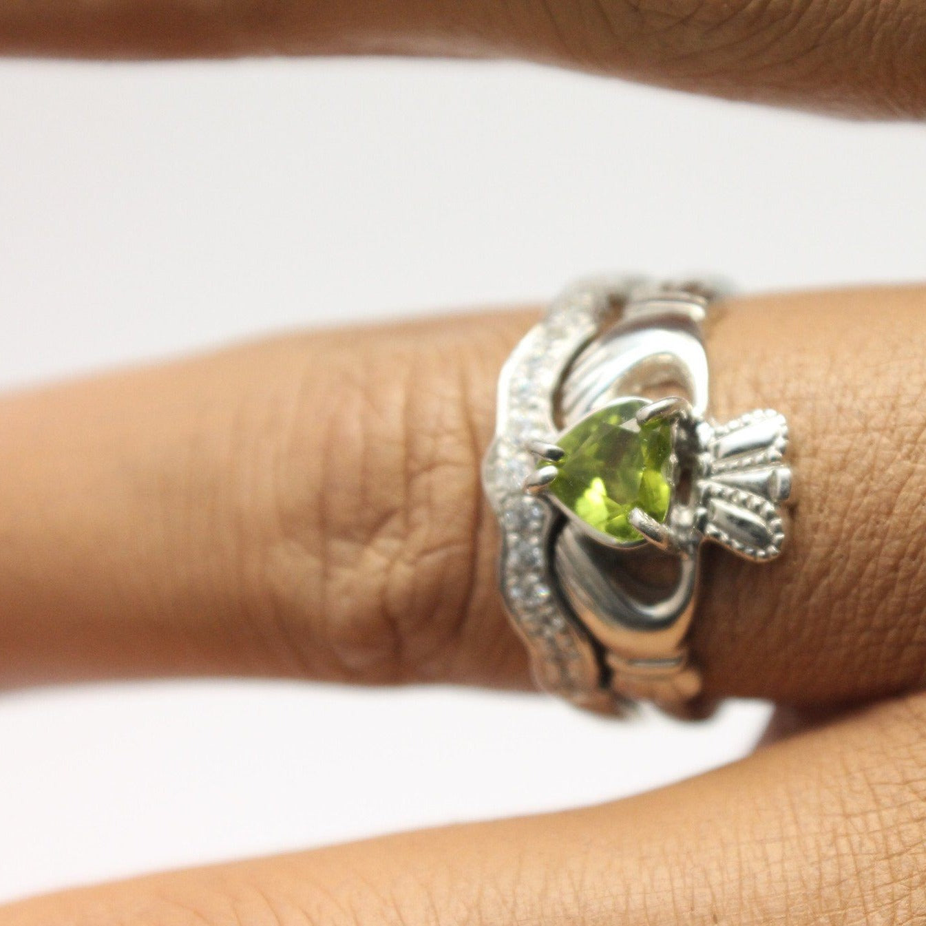 Green Peridot gemstone claddagh ring and matching stone set band ...