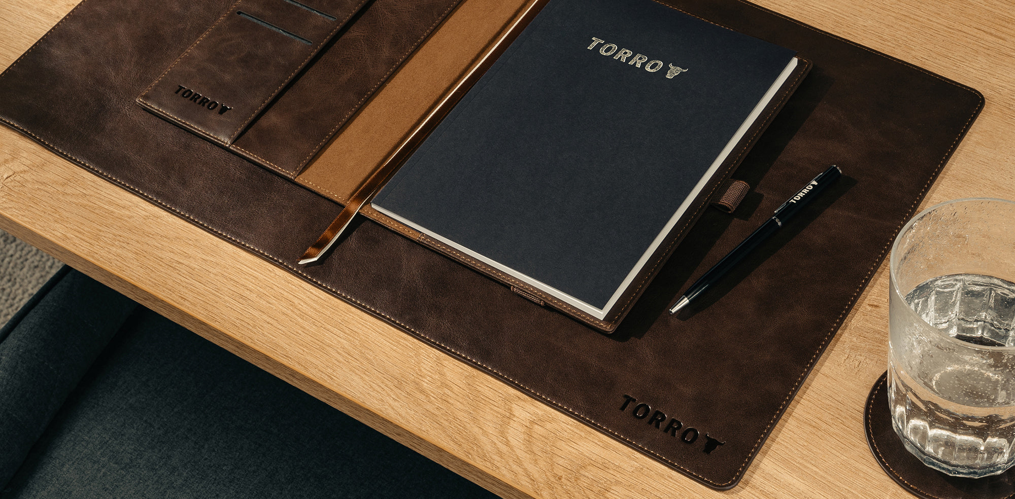 TORRO Dark Brown Leather Desk Mat and Notebook Cover