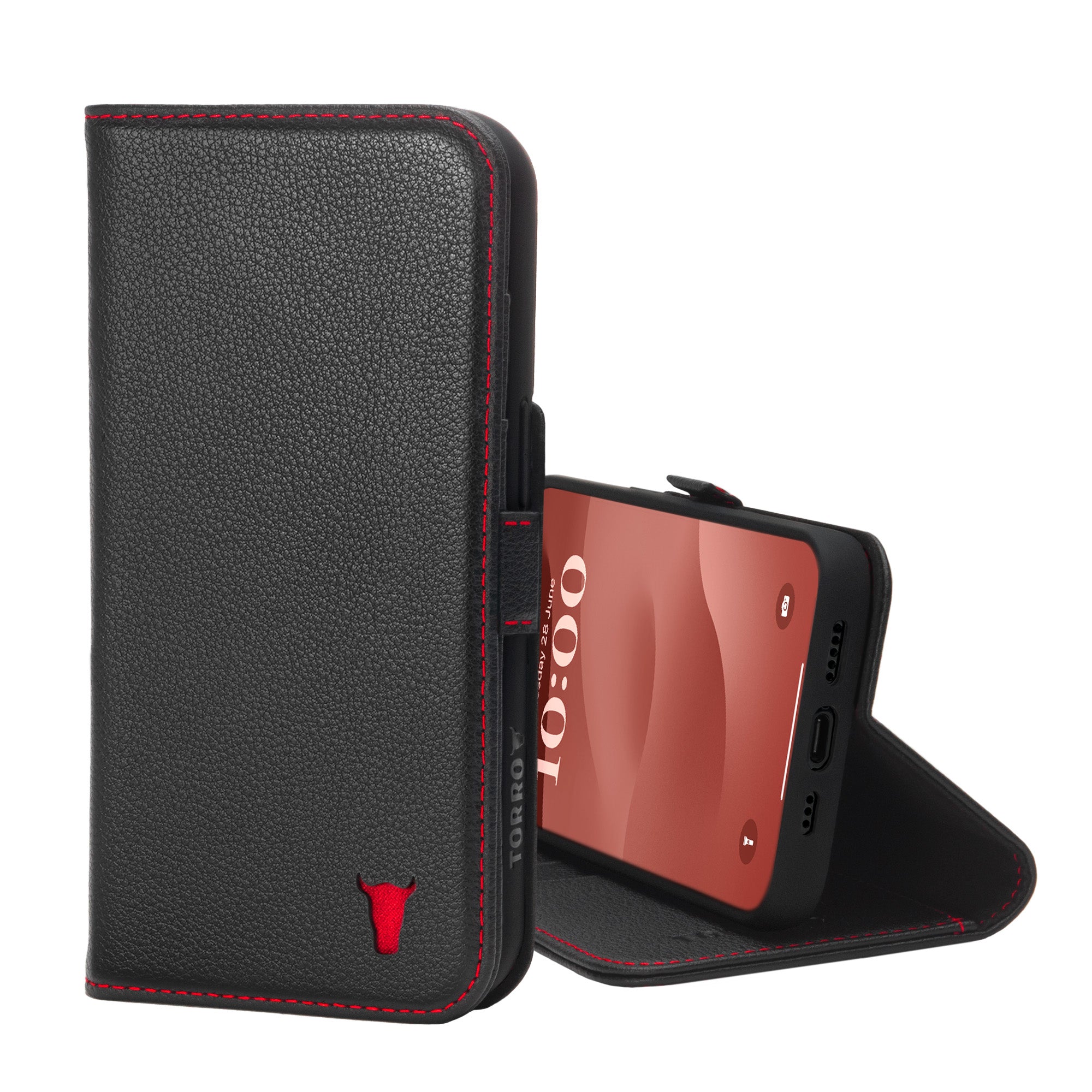 Torro iPhone 15 Pro Leather Wallet Case (with Stand Function) - Black
