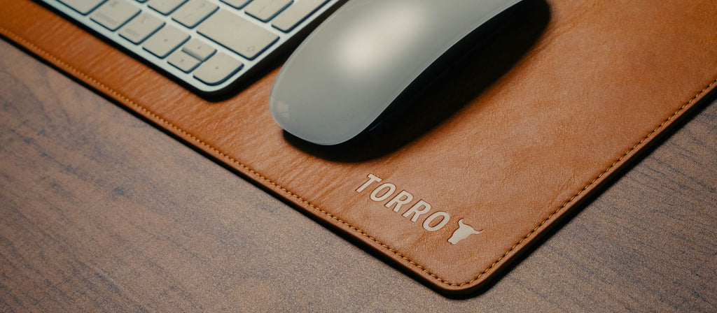 Tan Leather Desk Mat with mouse and keyboard